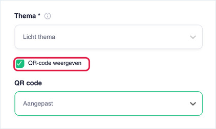 QR-code weergeven aangevinkt en de QR Code-keuzelijst op Aangepast