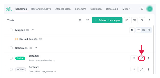 Rij in de schermenlijst met de knop Bewerken gemarkeerd
