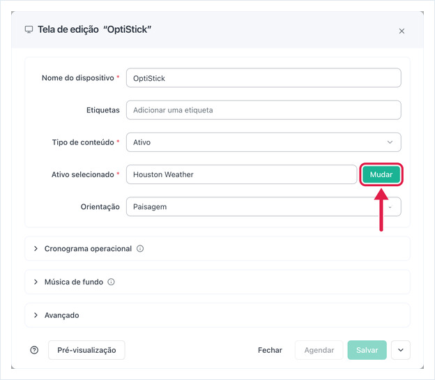 Tela de edição com Tipo de conteúdo Ativo e o botão Mudar destacado