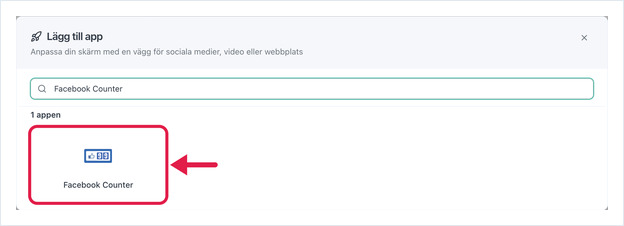 Dialogrutan Lägg till app, sökning på Facebook, appen Facebook Counter markerad