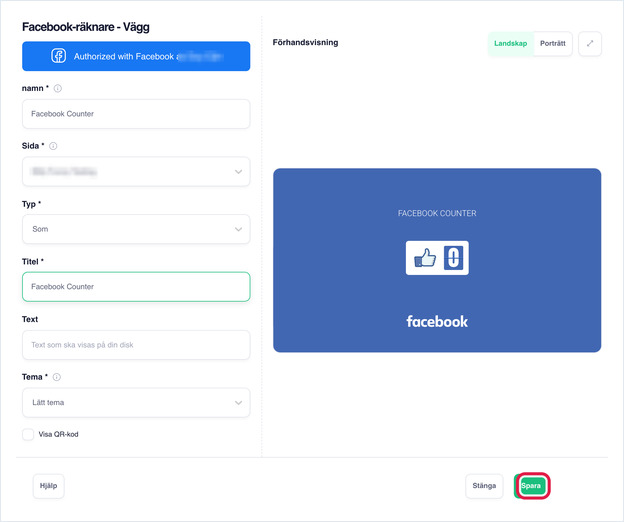 Facebook Counter: fälten Namn, Sida, Typ, Titel, Text och Tema med förhandsvisning
