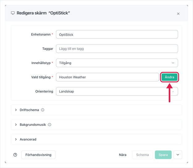 Redigera skärm med Innehållstyp Tillgång och knappen Ändra markerad