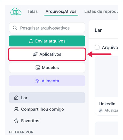 Página Arquivos/Ativos do OptiSigns com o botão Aplicativos destacado na barra lateral