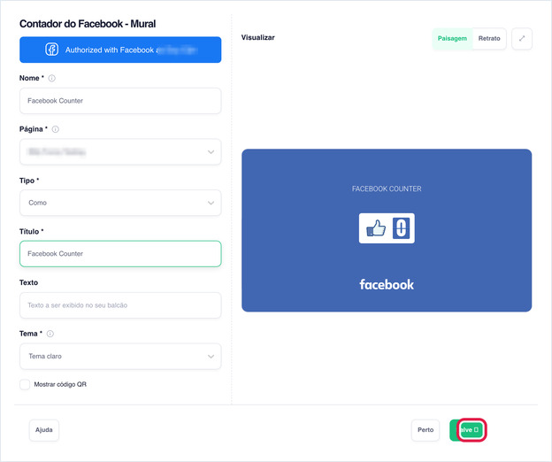 Facebook Counter: campos Nome, Página, Tipo, Título, Texto e Tema com pré-visualização