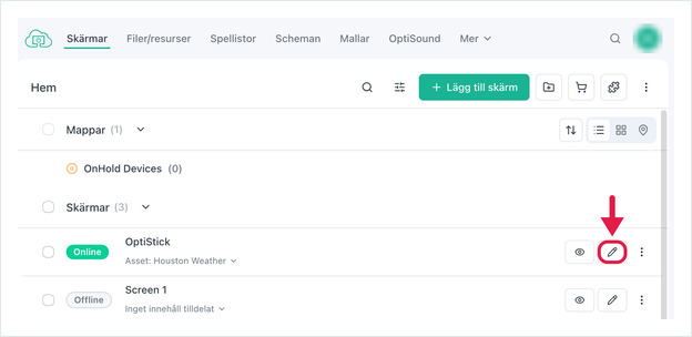 Rad i skärmlistan med knappen Redigera markerad