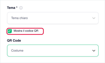 Mostra il codice QR selezionato e il menu QR Code su Costume
