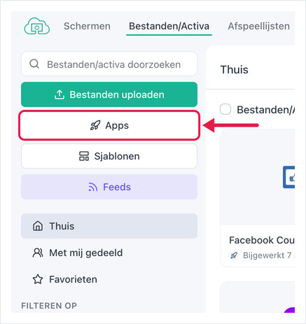 OptiSigns-pagina Bestanden/Activa met de knop Apps gemarkeerd in de linkerzijbalk