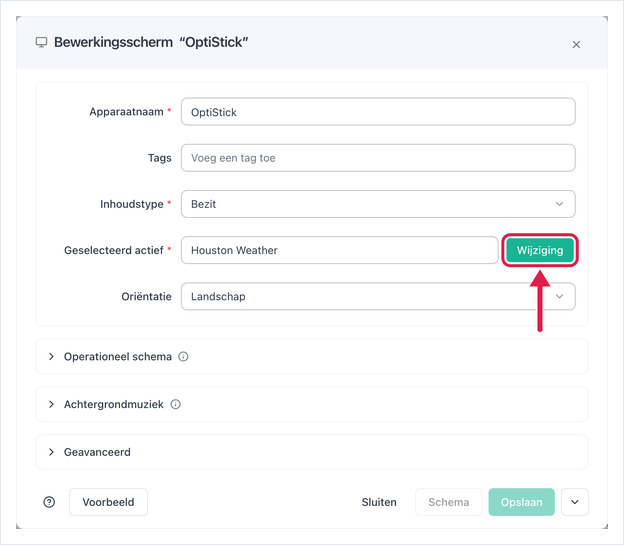 Bewerkingsscherm met Inhoudstype Bezit en de knop Wijziging gemarkeerd