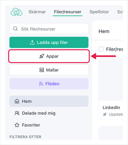 OptiSigns-sidan Filer/resurser med knappen Appar markerad i vänstra sidofältet