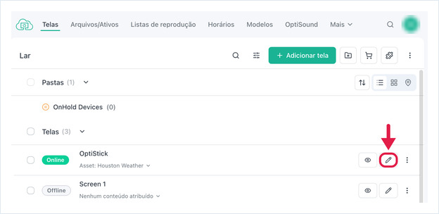Linha da lista de telas com o botão Editar destacado