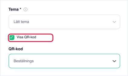 Visa QR-kod är markerat och QR-kod är inställd på Beställnings