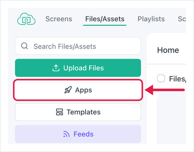 OptiSigns Files/Assets page with the Apps button highlighted in the left panel