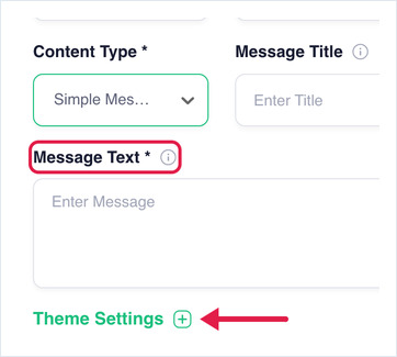 Simple Message fields: Message Title, Message Text, and the Theme Settings expander