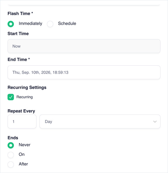 Flash Time set to Immediately, with Start Time, End Time and Recurring Settings