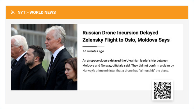 An RSS news wall on screen: headline, story text, thumbnail and a QR code