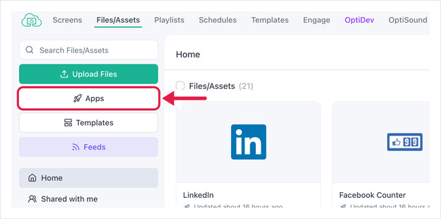 The Files/Assets page with an arrow pointing at the Apps button in the left sidebar