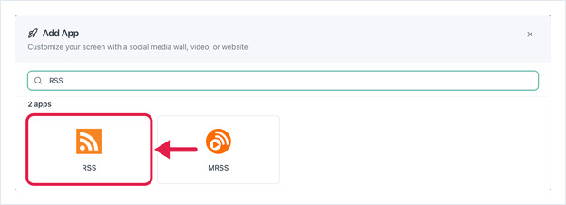 The Add App dialog searched for RSS, with an arrow pointing at the RSS tile beside MRSS