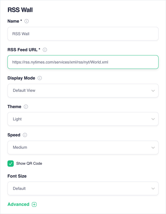 The RSS Wall form: Name, RSS Feed URL, Display Mode, Theme, Speed, Show QR Code and Font Size