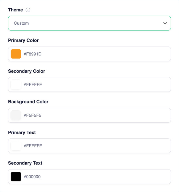 Theme set to Custom, revealing Primary, Secondary, Background, Primary Text and Secondary Text colours
