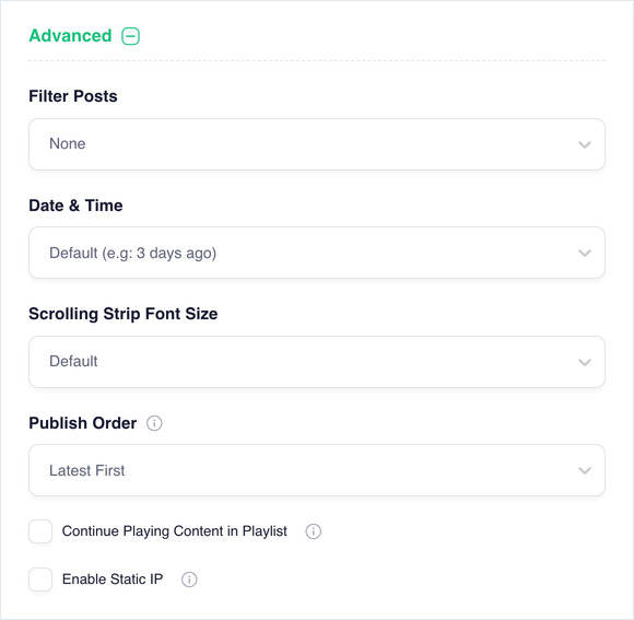 The Advanced section: Filter Posts, Date and Time, Scrolling Strip Font Size, Publish Order, checkboxes