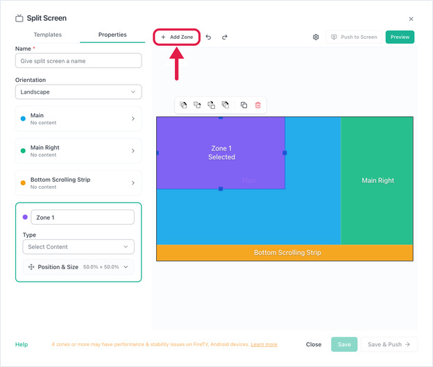 The Add Zone button in the Split Screen editor, and the new zone overlapping the Main zone.