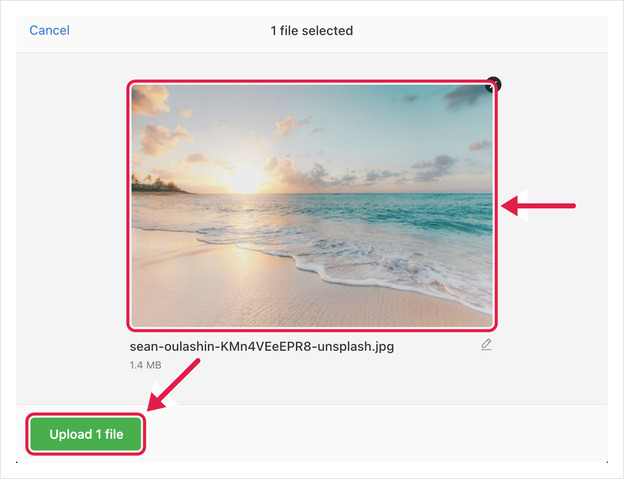 Upload dialog showing one file selected and the green Upload 1 file button