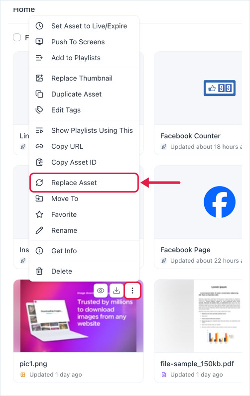 Asset card menu open in Files/Assets, with Replace Asset highlighted