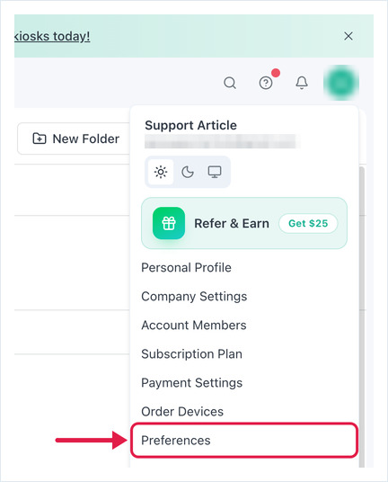 OptiSigns user menu open with Preferences highlighted