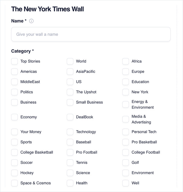 The New York Times Wall setup form: Name field and the Category checkbox list, with a live Preview panel.