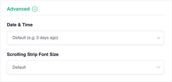 Advanced section expanded, showing the Date & Time and Scrolling Strip Font Size dropdowns.