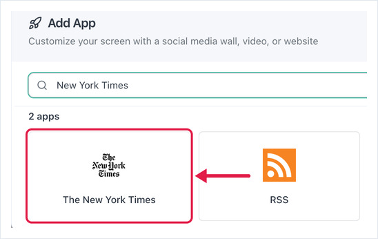 Add App dialog searched for New York Times, with The New York Times app card highlighted next to RSS.