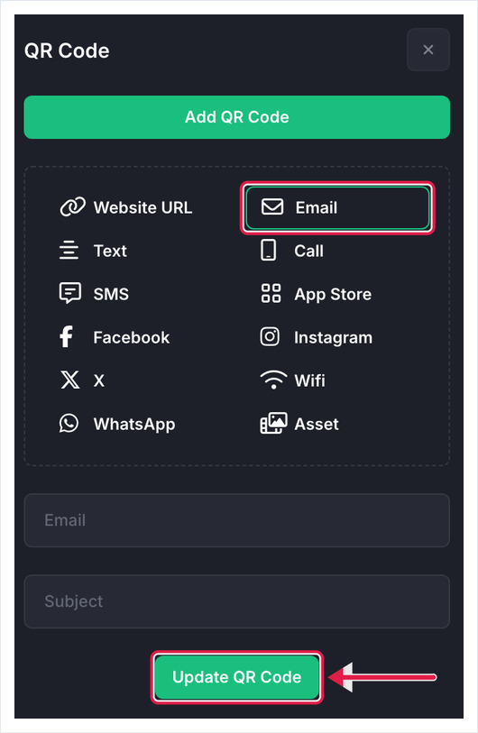 QR Code panel with Email type selected showing Email and Subject fields and Update QR Code