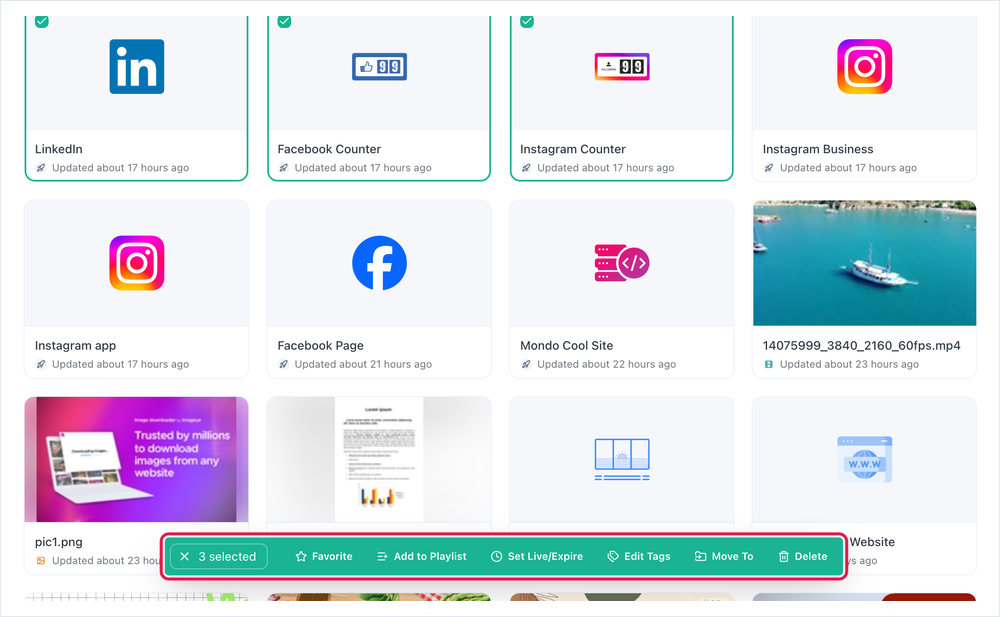 Three assets selected in Files/Assets, with the action toolbar highlighted at the bottom of the page