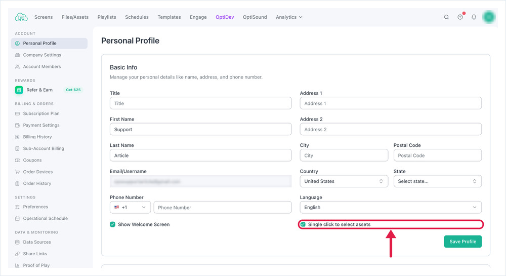 The Personal Profile page with the Single click to select assets tick box highlighted