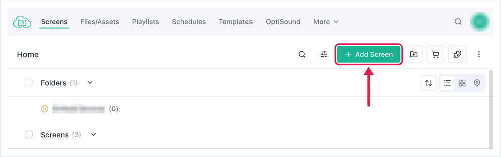 Add Screen button on the OptiSigns Screens page