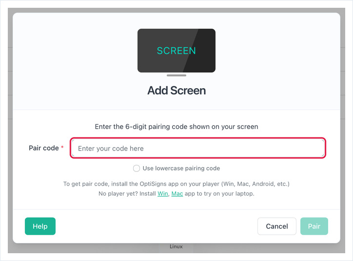 Add Screen dialog with the Pair code field highlighted