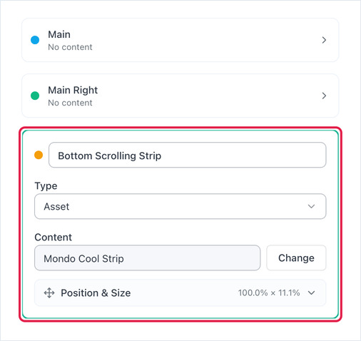 Der Split-Screen-Zoneneditor mit der Zone Bottom Scrolling Strip und dem zugewiesenen Laufband