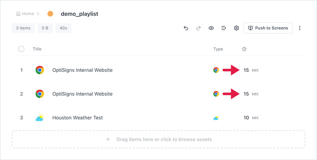 Editor de playlists de OptiSigns: demo_playlist con tres elementos; los dos primeros en 15 s.