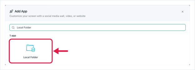 Add App ダイアログで Local Folder を検索し、Local Folder アプリのタイルを赤い矢印が指している