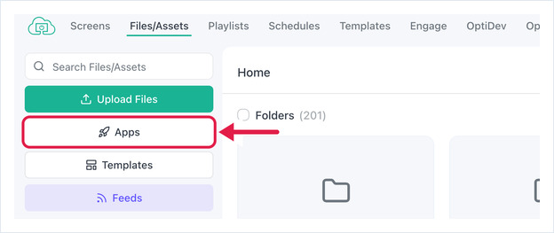 OptiSigns の Files/Assets ページ。左サイドバーの Apps ボタンを赤い矢印が指している