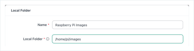 Local Folder ダイアログ。Name は Raspberry Pi Images、パスは /home/pi/images