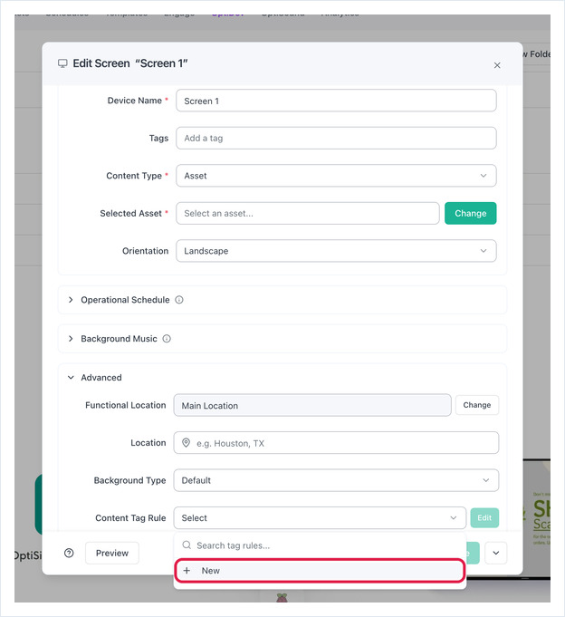 Edit Screen Advanced section with the Content Tag Rule dropdown open on New