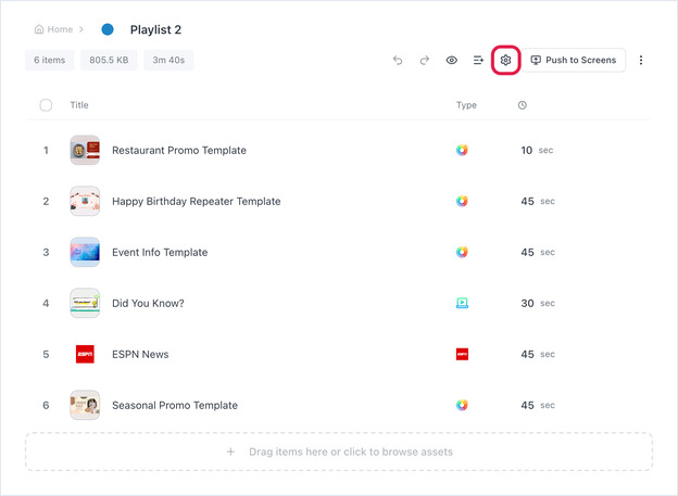 Playlist editor showing six assets added to a playlist with durations
