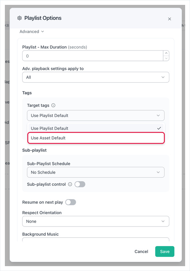 Playlist Options Advanced section, Target tags set to Use Asset Default