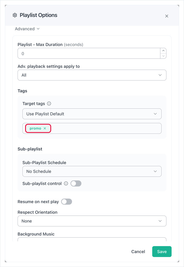 Playlist Options Target tags set to Use Playlist Default with the tag demo