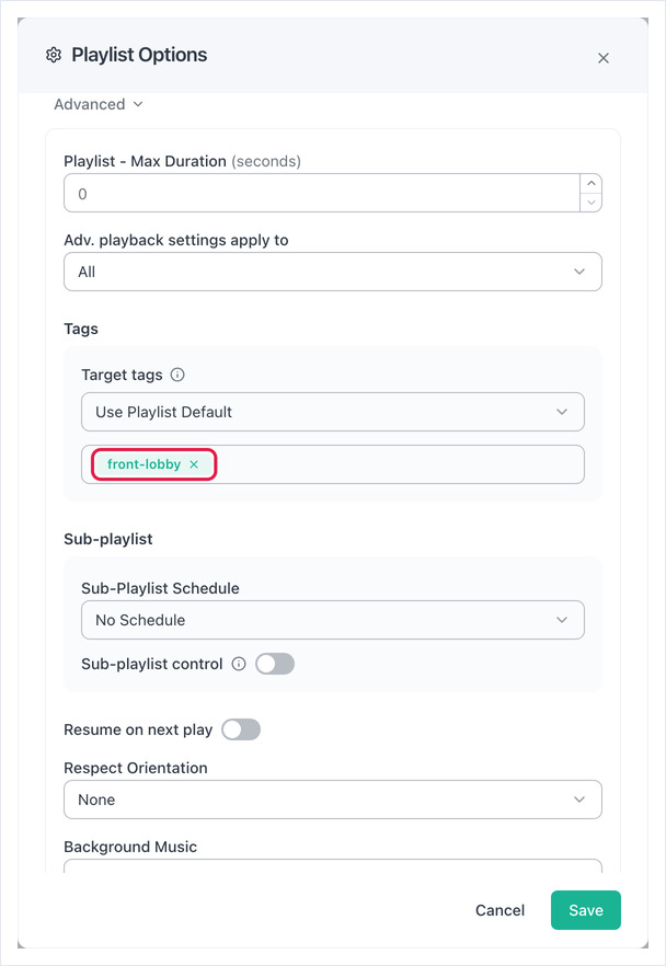 Playlist Options Target tags set to Use Playlist Default with tag front-lobby