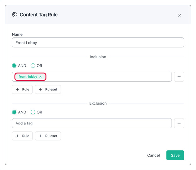 Content Tag Rule named Hotel Demo including the tag front-lobby