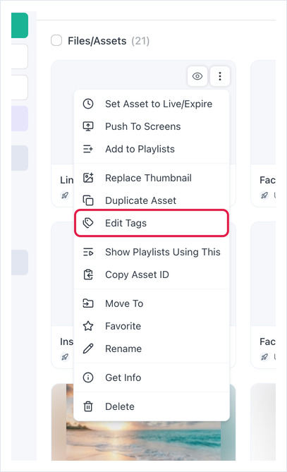 Asset actions menu open in Files/Assets with Edit Tags highlighted