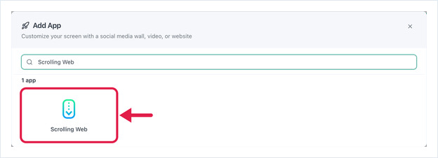 Add App dialog with Scrolling Web searched, arrow pointing at the Scrolling Web app tile