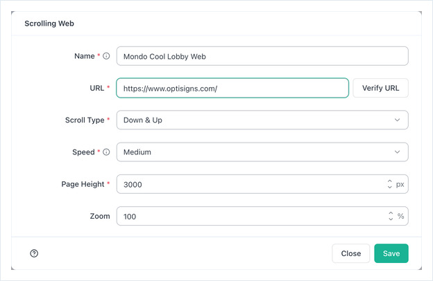 Scrolling Web settings dialog: Name, URL with Verify URL, Scroll Type, Speed, Page Height, Zoom